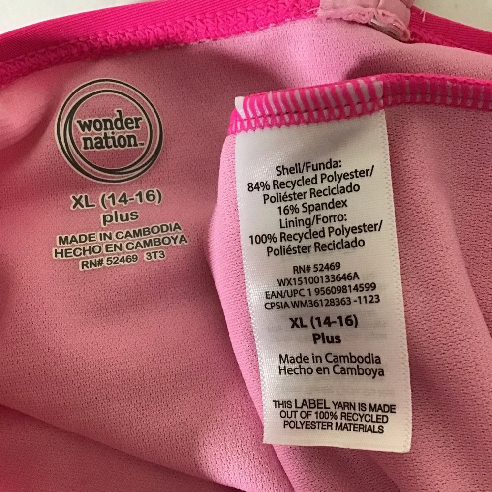Wonder Nation Girls One Piece Swimsuit Fuchsia Sizzle Pink UPF 50+ XL 14-16 Plus